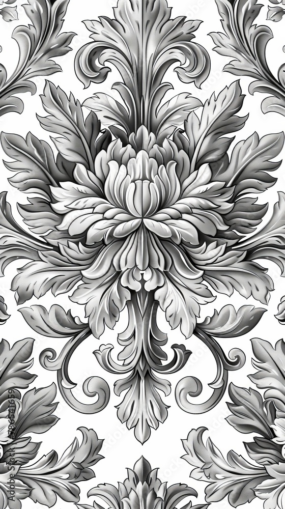 Patterns: A coloring book page with a damask pattern, showcasing intricate and symmetrical designs