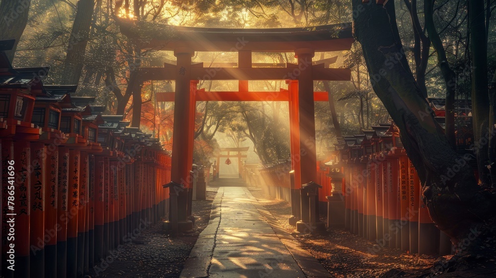 Fushimi Inari-taisha together at the Torii gates at sunrise in Japan