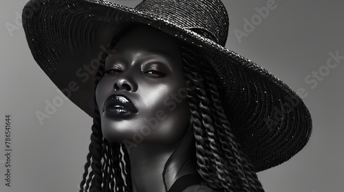 Black woman with long, braided hair wears a large hat that hides her face. Her Afro hairstyle and lip makeup are striking. She exudes mystery in a black-and-white studio portrait.