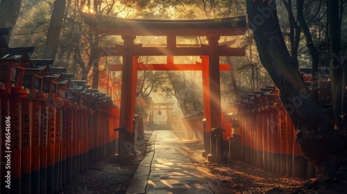 Fushimi Inari-taisha together at the Torii gates at sunrise in Japan photo
