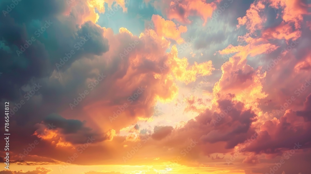 Vibrant sunset sky with golden hour hues and looming dark clouds