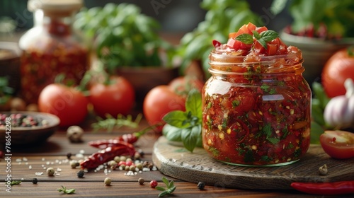 On a wooden table, there's a jar containing red chili sauce and tomato sauce, along with spices photo