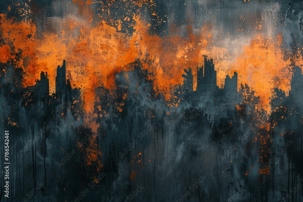Fototapeta premium An abstract acrylic canvas with October mist merging into sandy textures. Vibrant orange splashes on a black background symbolize autumn's mystery and transition.