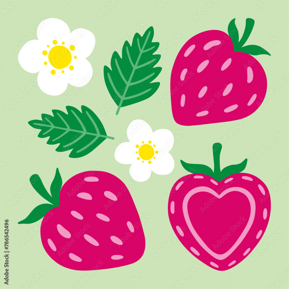 Hand Drawn Vector Strawberries with Strawberry Flowers and Leaves Hand Drawn Vector Strawberries with Strawberry Flowers and Leaves