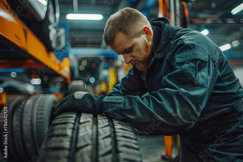 Car mechanic in a workshop changing tire