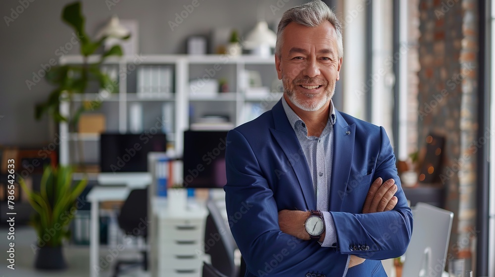 Confident middle-aged businessman in a blue suit stands in his office with his arms crossed. He is smiling and looks proud and successful. Confident middle-aged businessman in a blue suit stands in his office with his arms crossed. He is smiling and looks proud and successful.