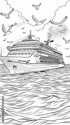 Vehicles: A coloring book page featuring a long, sleek cruise ship sailing on the ocean