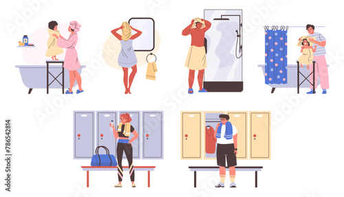 Vector illustration set of people with towels in shower and locker rooms