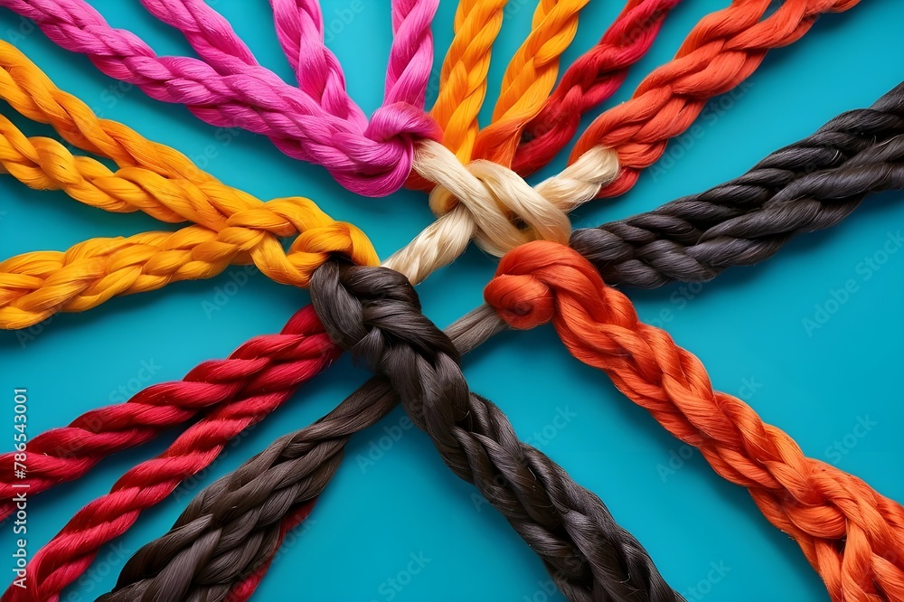 Team rope diverse strength connect partnership together ,close up of a rope with a knot,Colorful ropes tied in intricate knots forming a attractive pattern, showcasing a spectrum of colors