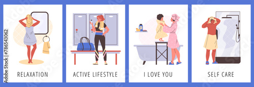 Set of posters or vertical banners with people using towels flat style