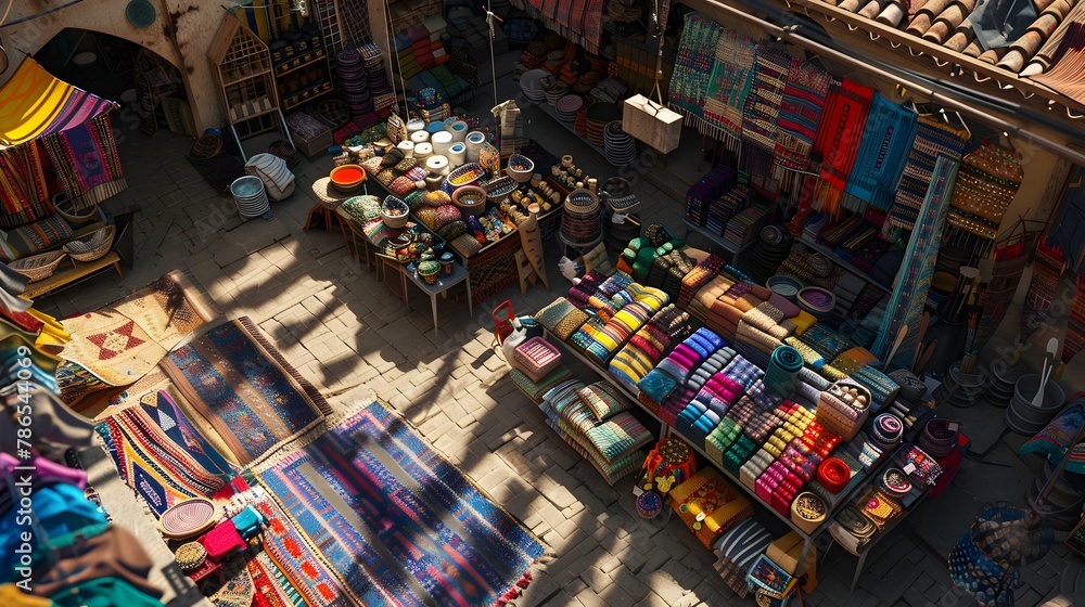 Bustling Aerial Marketplace with Vibrant Textiles and Handcrafted Goods