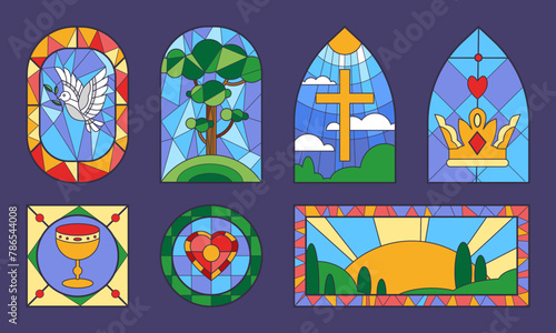 Church stained glass windows vector set mosaic frame, vintage borders with cross, crown, dove, heart, nature sunshine