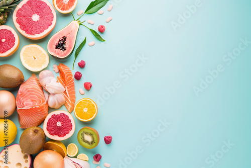 Abstract food background with ingredients such as fruits vegetables and spices photo