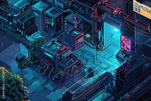 Combine the essence of advanced AI with the concept of cognitive dissonance, portrayed in pixel art style with a top-down perspective capturing an unexpected interaction