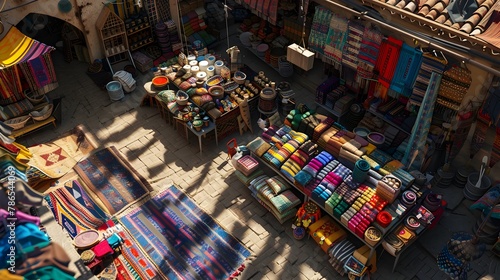 Bustling Aerial Marketplace with Vibrant Textiles and Handcrafted Goods