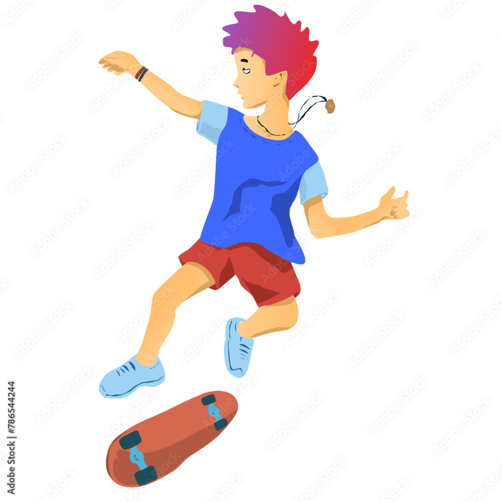Illustration of a boy performing a trick on a skateboard. stylish hairstyle and sportswear. Vector boy in red sherts and blue t-shirt making in a jump. Illustration of a boy performing a trick on a skateboard. stylish hairstyle and sportswear. Vector boy in red sherts and blue t-shirt making in a jump.