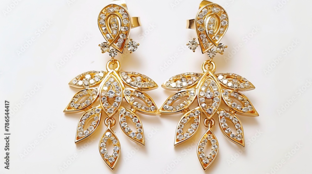 Elegant gold earrings with sparkling white diamonds and crystals. Perfect for adding a touch of glamour and sophistication Elegant gold earrings with sparkling white diamonds and crystals. Perfect for adding a touch of glamour and sophistication