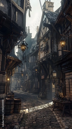 Bustling Medieval City,Cobblestone Alley with Half-Timbered Houses and Warm Sunlight in Secret Passageways of a Hidden Society's Headquarters