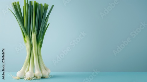 scallions A photorealistic illustration against pastel blue background with copy space for text or logo, beautifully illuminated by studio lighting  photo