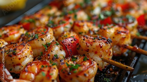 close up of appetizing queen prawn brochette photo