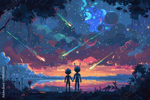 Design a pixel art scene where two Aliens hold hands beneath a sky filled with shooting stars and planets, highlighting their unique love story