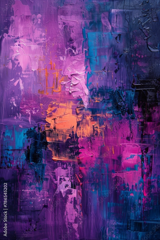 Fototapeta premium Vibrant pinks and magentas dance alongside whispers of grape and indigo in a rich, textured abstract acrylic masterpiece.