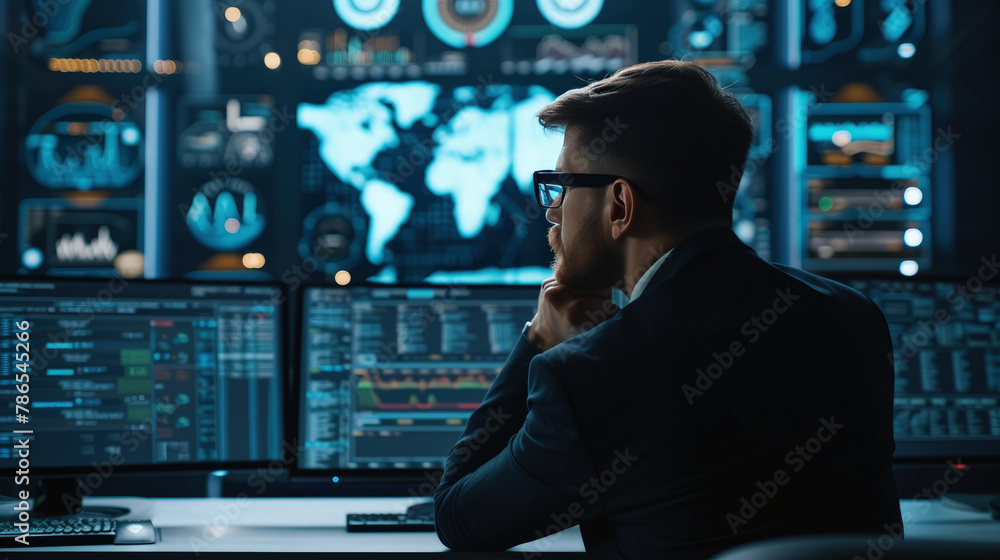 Cybersecurity expert in a dark, high-tech room, intently analyzing screens with complex code and network monitoring graphics, symbolizing frontline defense against cyber threats Cybersecurity expert in a dark, high-tech room, intently analyzing screens with complex code and network monitoring graphics, symbolizing frontline defense against cyber threats