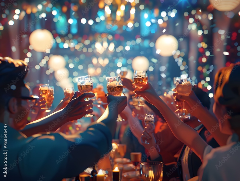 Fototapeta premium Celebratory Clinking of Glasses at a Glamorous New Year s Eve Party with Friends
