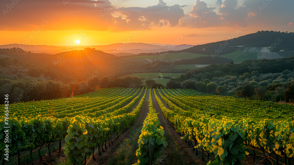 A vineyard with a sun setting behind it,
Vineyard with rows of grapevine

