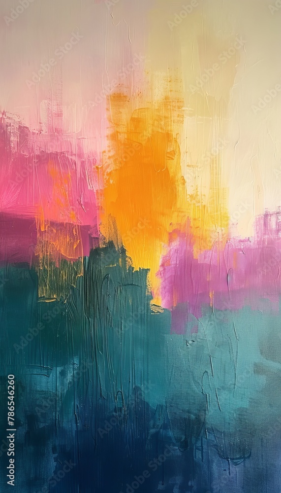 An abstract acrylic canvas blends azure, mustard, mauve, and verdant hues into a harmonious tapestry that dances between reality and imagination.