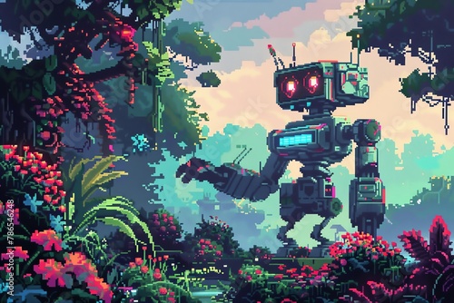 Produce a pixel art piece featuring a whimsical and colorful robotic gardening concept Create a dynamic scene with pixelated robotic helpers nurturing a pixel-art styled garden filled with fantastical photo