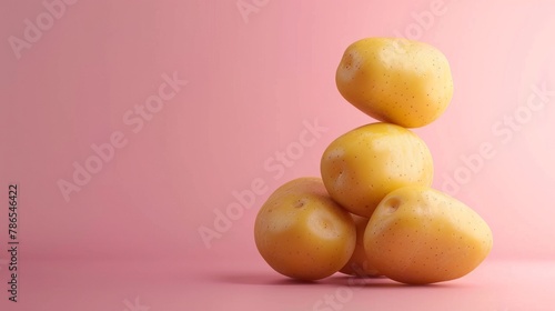 potatoes A photorealistic illustration against pastel pastel pink background with copy space for text or logo, beautifully illuminated by studio lighting 