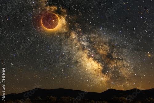 Lunar eclipse with a blood moon against a backdrop of the Milky Way Concept: lunar eclipse, blood moon, Milky Way, night sky, celestial event.