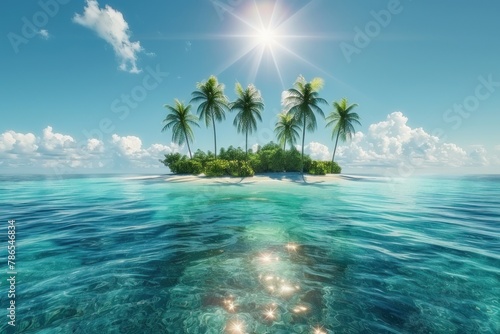 A beautiful island with palm trees and a clear blue ocean