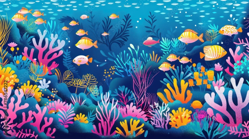 A colorful underwater scene with many fish and plants