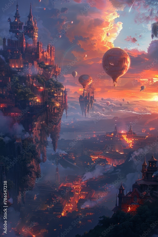 Dreamscape of a floating city in the clouds, people commuting by balloons, vibrant colors of dawn, peaceful atmosphere