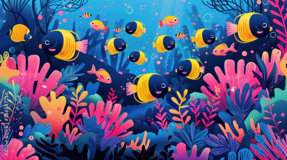 A colorful underwater scene with a group of fish swimming around A colorful underwater scene with a group of fish swimming around