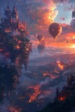 Dreamscape of a floating city in the clouds, people commuting by balloons, vibrant colors of dawn, peaceful atmosphere