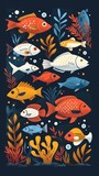 A colorful painting of fish swimming in a blue ocean