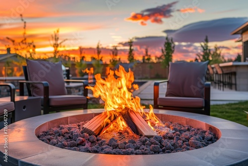 Outdoor modern fire pit in backyard with gray modern outdoor furniture, chairs, on the terrace of a residential building at sunset concept of relaxation rest and communication