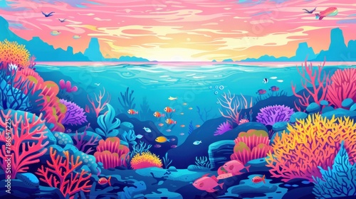 Fototapeta Naklejka Na Ścianę i Meble -  A colorful underwater scene with a variety of fish and coral