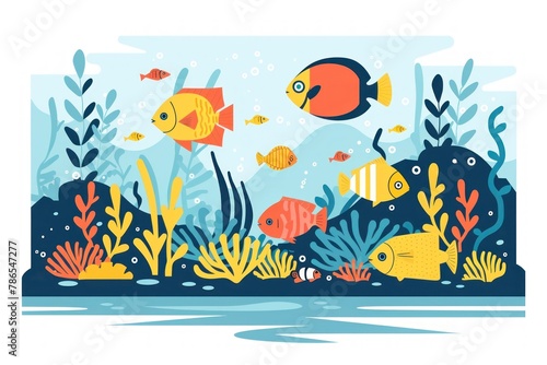 A colorful underwater scene with a variety of fish swimming in the water