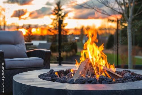 Cozy backyard fire pit at sunset with comfortable outdoor seating outdoor relaxation, backyard design, evening comfort, home luxury