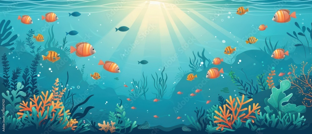 Naklejka premium A colorful underwater scene with many fish swimming around