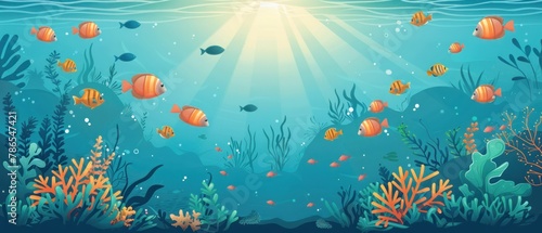 A colorful underwater scene with many fish swimming around