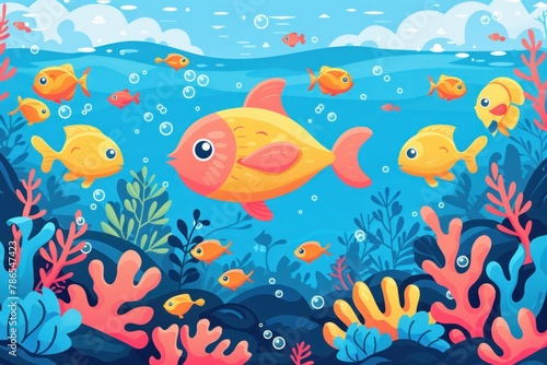 A colorful underwater scene with a yellow fish swimming in the middle