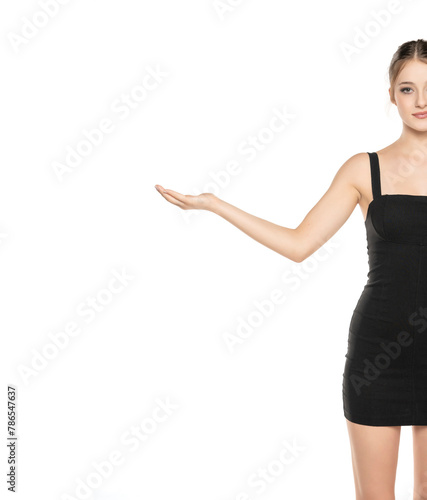 Creative Advertisement: Half-Portrait of a Stylish Young Woman with Outstretched Arm, Showcasing an Imaginary Product on White Background