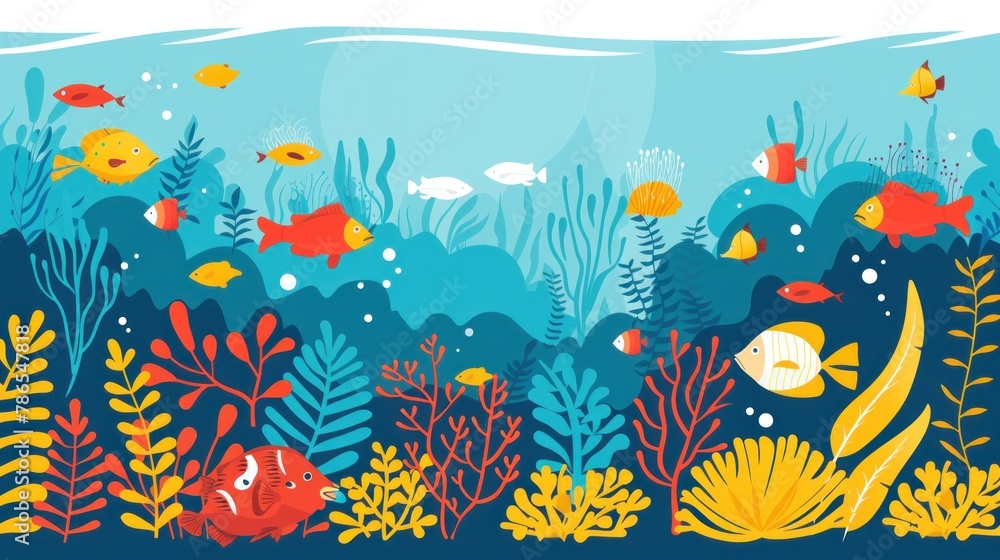 A colorful underwater scene with many fish swimming in the water