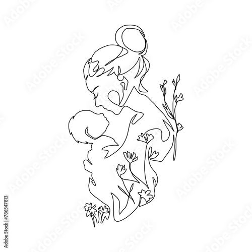 Continuous Line Art of Motherhood, Baby flowers, Happy Mother day card, one line drawing, parent and child silhouette hand drawn. Vector illustration