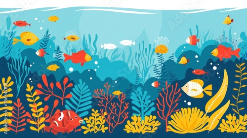 A colorful underwater scene with many fish swimming in the water